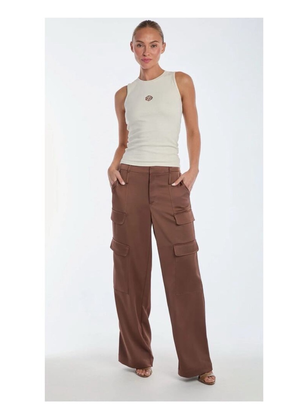 The Noli Shop Milan Brown Satin Cargo Pants - Size 6 - New Without Tags